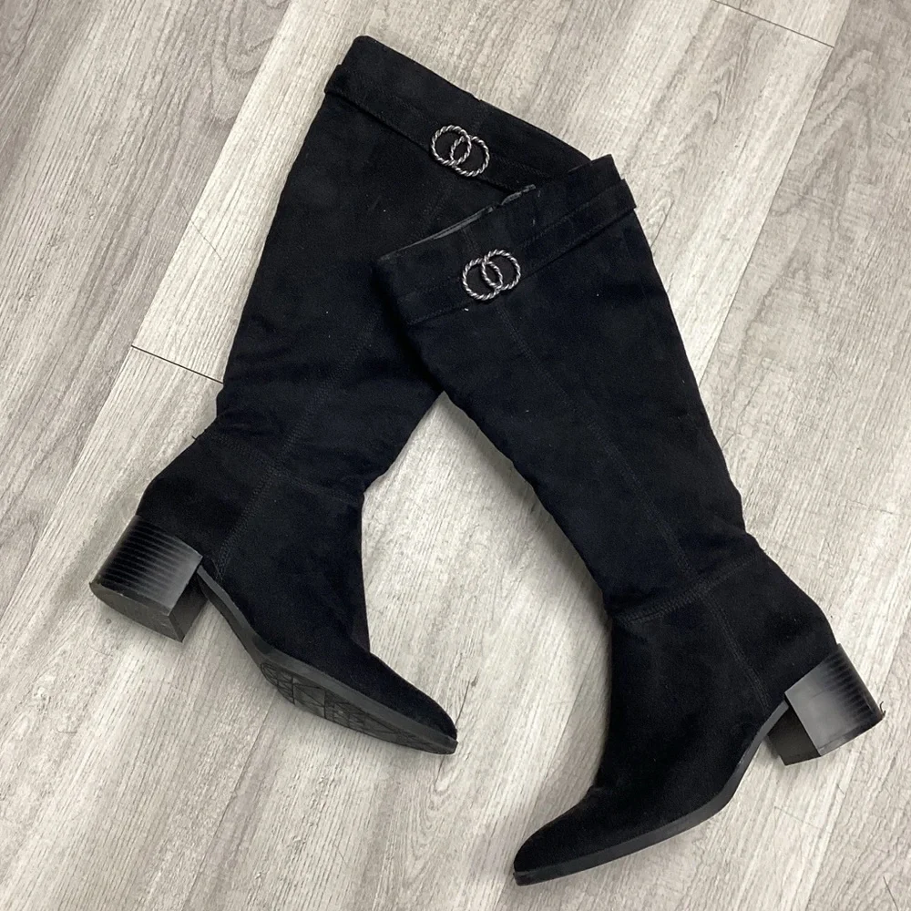 LifeStride Black Suede Knee-High Block Heel Boots | Size 7.5